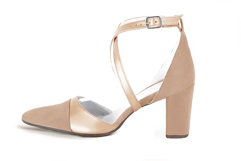 Biscuit beige and gold women's open side shoes, with crossed straps. Tapered toe. High block heels. Profile view - Florence KOOIJMAN